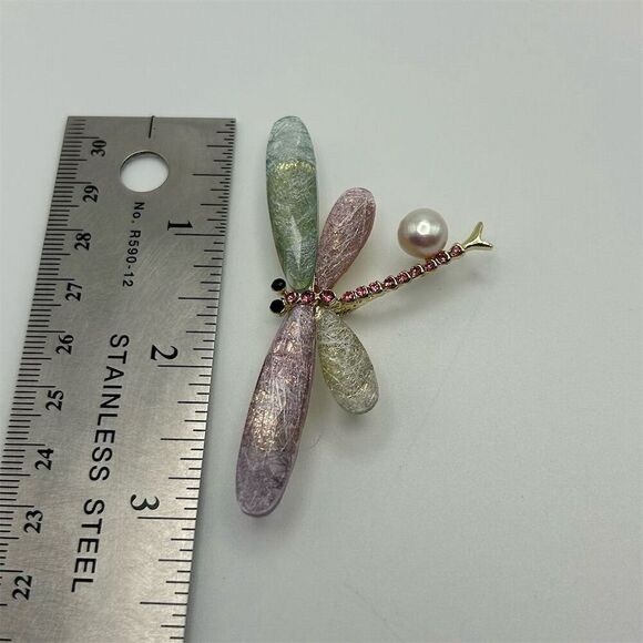 Dragonfly Brooch Multicolor Rhinestones Faux Freshwater Pearl Gift Nature Pretty - Picture 7 of 8